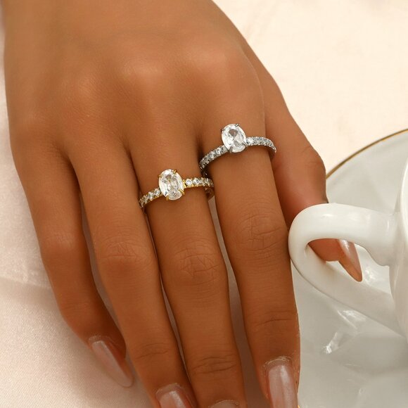 3/$35 14K Gold Plated Oval Cut Diamond Fashion Ring Cubic Zirconia Pave Band - Picture 5 of 6